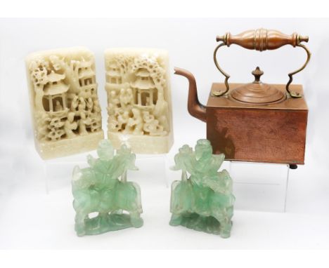A pair of 20th century Chinese soapstone sculptures, depicting figures and buildings, each approx. 18cm high x 11.5cm wide, t