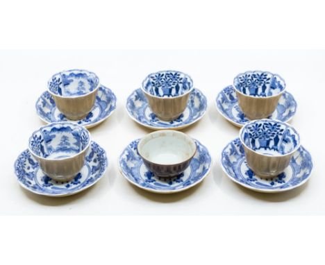 An 18th century Chinese porcelain cafe au lait tea bowl, height 4cm together with five 19/20th century floriform cafe au lait