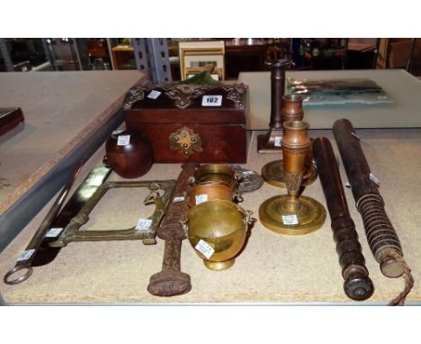 Collectables, including; a walnut tea caddy, two truncheons, a tortoiseshell page turner, candlesticks, a treen apple and sun