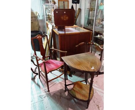 Edwardian furniture comprising; an open armchair, a corner chair, a pole screen and a two tier console table, 52cm wide x 72c