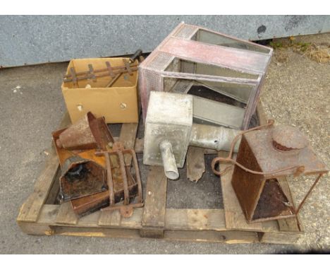 Metalware collectables, including; a fire back, a lantern, lead pump, drain hoppers and sundry, (qty). 