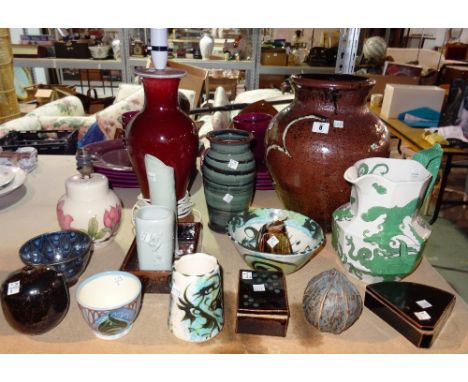 Ceramics, including; a quantity of 20th century Studio pottery vases, bowls and sundry and a small Moorcroft lamp base, (qty)