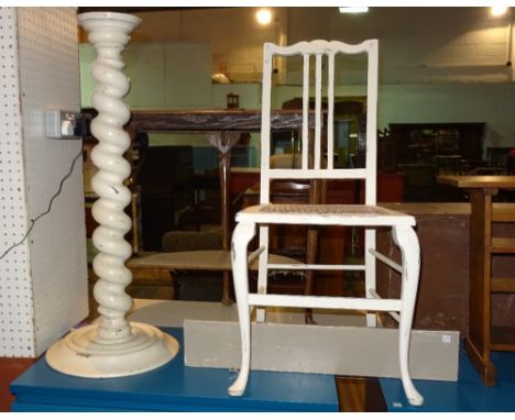 A 20th century white painted jardiniere stand on twisted column, 93cm high, a white painted side chair and a grey painted wal
