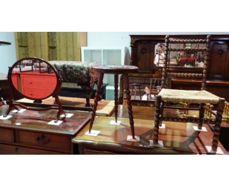 A small oval swing frame mirror, 47cm wide x 49cm high, a bobbin turned child's chair and a circular stool with bobbin legs, 