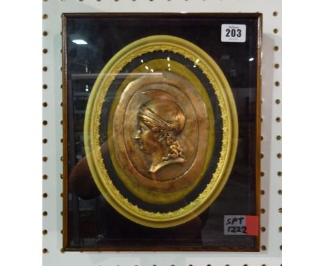 Lutiger, a 20th century oval copper portrait plaque depicting a Roman profile portrait, framed, overall size, 31cm x 26cm. 