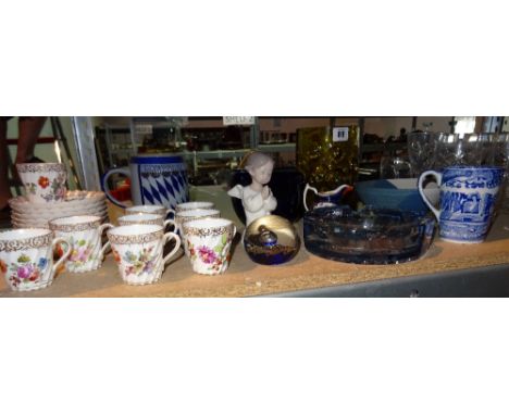 Ceramics, including; Dresden cups and saucers, Lladro figures, an amber Studio glass vase and sundry, (qty). 