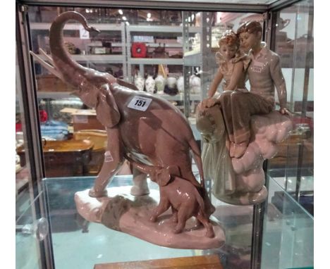Ceramics, including; a large Lladro figure of an elephant and child and a Lladro figure depicting seated lovers, (2). 