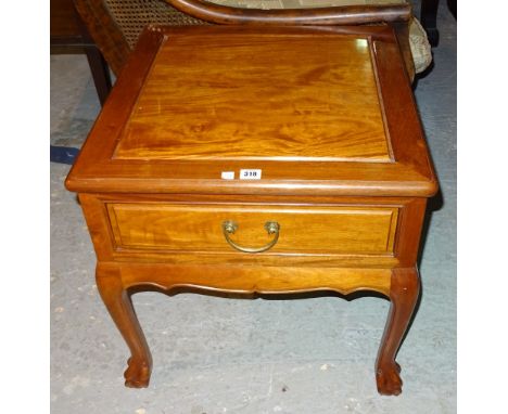 A 20th century Asian hardwood square single drawer side cabinet on paw feet, 56cm wide. 