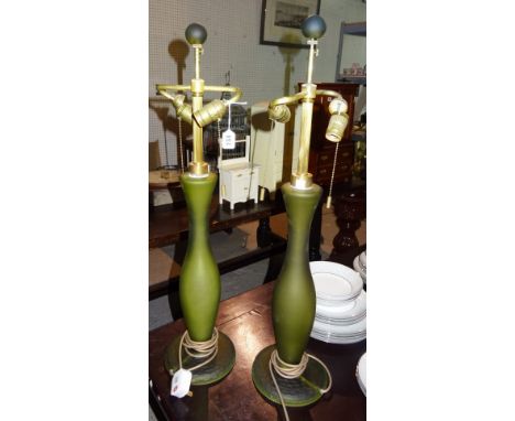 A pair of 20th century green frosted cut glass table lamps with twin branch gilt metal light fittings, 82cm high. 