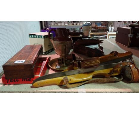 Collectables, including; vintage ice skates, bellows, cribbage box, portable writing box, chamberstick and sundry, (qty). 
