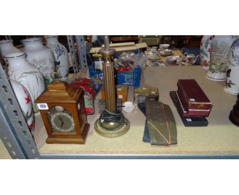 Collectables, including; a brass table lamp, a mahogany small mantel clock, a walnut money box, plated flatware and a quantit