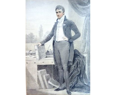 A group of six 19th century watercolour portrait subjects, including a full length portrait of a gentleman, a three quarter l