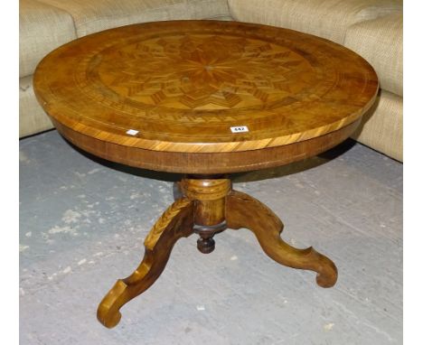 A 19th century walnut Sorrento tripod table, on three downswept supports, 80cm wide x 59cm high.