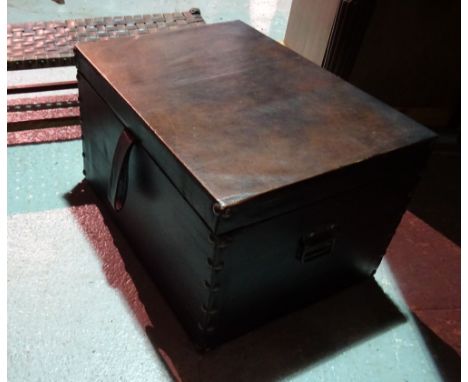 An early 20th century lift top trunk, with studded leather upholstery, 66cm wide x 40cm high, and a 20th century oak and leat