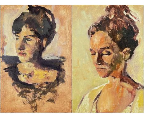 ‡ ROI SHAPIRO, two oils on board - portrait of lady in white dress, 33.5 x 24cm; another similar, 84 x 30cm (2)