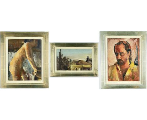 ‡ ROI SHAPIRO, three oils on board - nude female, signed, 30x 24cm; portrait of a man, signed, 33 x 24cm; landscape with vill
