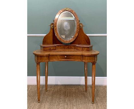 EMPIRE-STYLE WALNUT & SATINWOOD CROSSBANDED DRESSING TABLE, kidney form, burr walnut framed oval mirror, between lamp branche