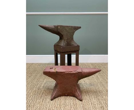 TWO VINTAGE BLACKSMITH'S ANVILS, one on stand, 57cm long (2)