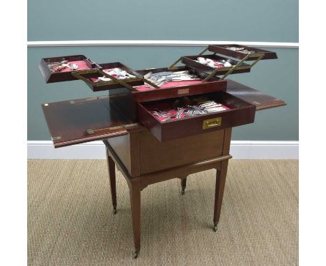 MAHOGANY 'PRESTO' PATENT METAMORPHIC CANTEEN TABLE, retailed by Finnigans (London, Manchester, Liverpool), foldout top openin