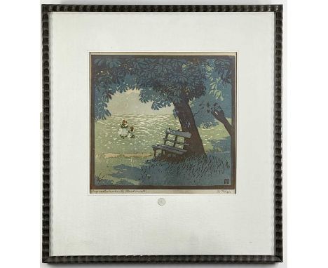 ‡ HELENE MASS (German, 1871-1955), woodblock print - Bench under the Tree, signed in pencil, (I) 31.5 x 34cm