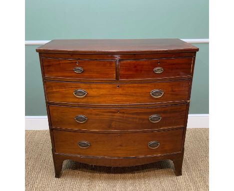 19TH CENTURY MAHOGANY BOWFRONT CHEST, fitted 2 short and 3 graduated long drawers, bracket feet, 102w x 48.5d x 106cm h