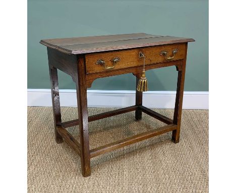 ANTIQUE OAK SIDE TABLE, two-plank moulded top, frieze drawer, caddy moulded square legs with bar stretchers, 81 x 50 x 72cmCo