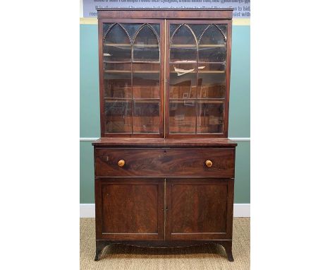 LATE REGENCY MAHOGANY SECRETAIRE BOOKCASE, plain cornice, pointed astragal glazed doors, adjustable shelves, drawer with fitt