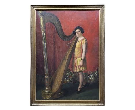 ANTON SITZER (Austrian, fl. early 20th Century) oil on canvas - a fashionable twenties girl beside American harp, signed and 