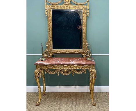 EMPIRE-STYLE GILTWOOD &amp; ROUGE ROYALE MARBLE CONSOLE TABLE &amp; MIRROR, table with moulded top above greek key frieze and