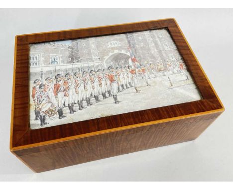 BOXWOOD STRUNG CIGAR BOX WITH REGINALD AUGUSTUS WYMER (1839-1945) PAINTED LID, top inset with watercolour entitled '1st Guard