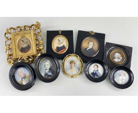 NINE MOSTLY 19TH CENTURY PORTRAIT MINIATURES, including Edwardian lady in white dress in pierced gilt metal frame, two of the