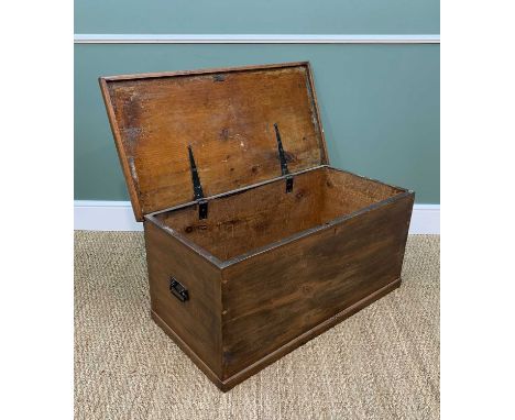 VINTAGE STAINED PINE BLANKET BOX, black painted handles, 98cm w
