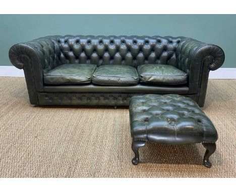 VICTORIAN-STYLE GREEN LEATHER CHESTERFIELD SOFA & STOOL, sofa 210cm w. (2)Comments: leather creased and wornThere are no rips