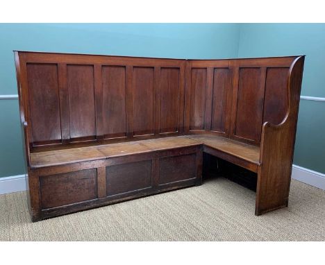 JOINED ELM CORNER SETTLE, c.1800, panelled backs above box and open seat sections, 214 x 123 x 139cms hThe seat depth is 40cm