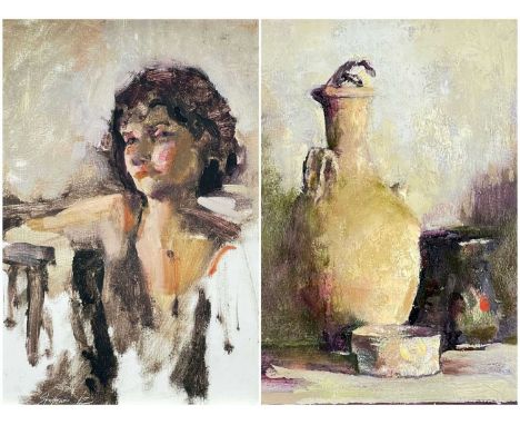 ‡ ROI SHAPIRO, two oils on board - still life of a pottery flask, 33 x 23cm; portrait of a lady, signed and dated '12, inscri