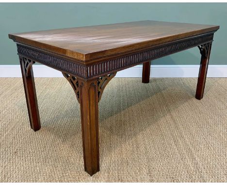 19TH CENTURY MAHOGANY SERVING TABLE, plain rectangular top above fluted frieze, pieced spandrel brackets, gothic chanel mould