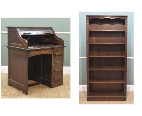 VINTAGE ROLLTOP DESK &amp; REPRODUCTION BOOKCASE, both stained oak/elm, desk with tambour front, 92cms w; bookcase by Jaycee,