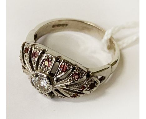 9CT WHITE GOLD PINK SAPPHIRE &amp; DIAMOND RING - SIZE K 