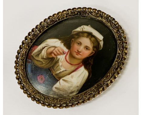 FRAMED PORTRAIT MINIATURE OIL OF CIRCA 1860 - 1890 OF A YOUNG PEASANT GIRL - 10CMS (H) X 8CMS (W) OUTER FRAME APPROX