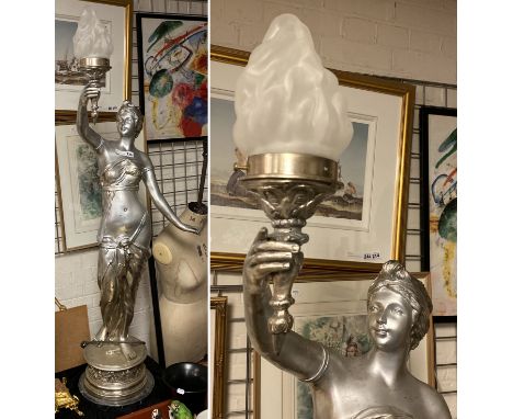 LARGE BRONZE SILVERED GIRL WITH TORCH LAMP 150CMS (H) APPROX INC TORCH
