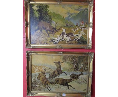 Pair of hunting prints signed J M Roberts - Canvas size 75cm x 50cm