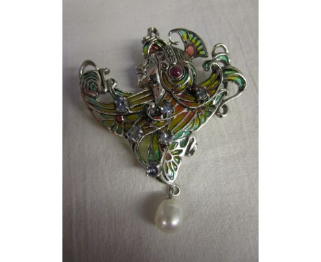 Art Nouveau style silver enamel stone set pendant brooch