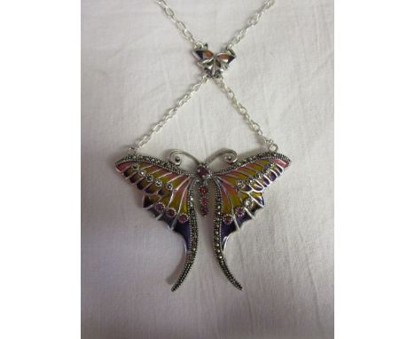 Silver enamel &amp; stone set butterfly pendant on chain