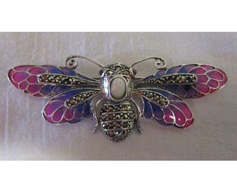 Silver enamel opal &amp; marcasite bug brooch