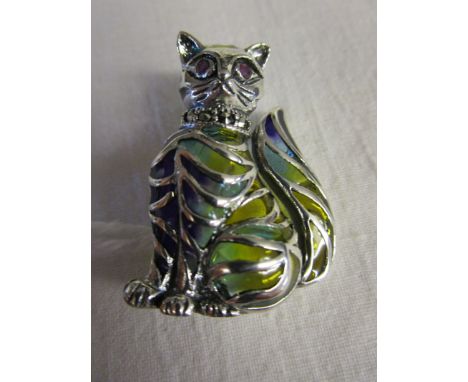 Silver &amp; enamel cat brooch