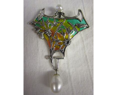 Silver enamel &amp; pearl pendant