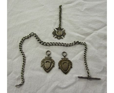 Silver Albert chain with T bar and 3 silver fobs