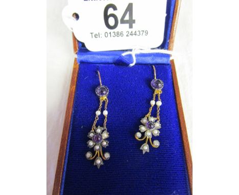 Pair of amethyst, diamond and seed pearl drop earrings