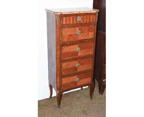 A French Kingwood Five Drawer Chest, with breccia marble top, canted corners and gilt mounts, 55cm by 33cm by 121cmMinor edge