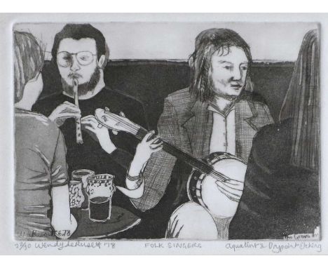Wendy De Rusett (1945-2012)"Folk Singers"Signed and dated (19)78, numbered 22/30, aquatint and drypoint etching, 12.5cm by 15